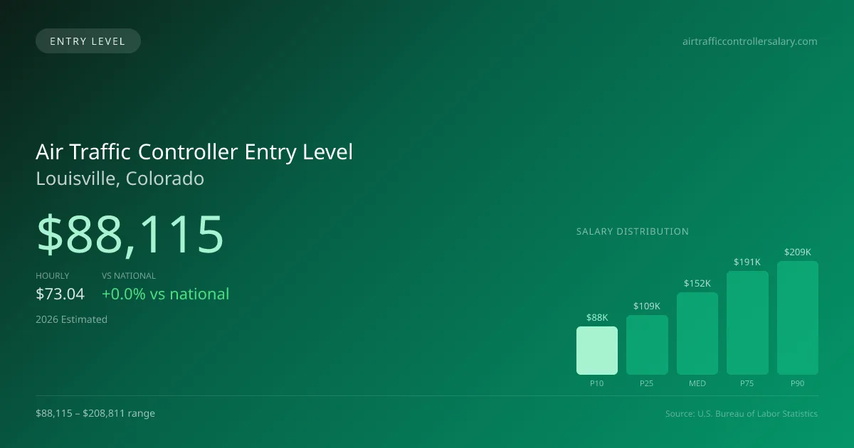 Air Traffic Controller Entry Level Salary in Louisville, CO — 2026 est., based on 2025 BLS