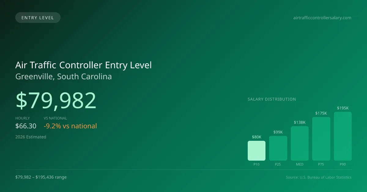 Air Traffic Controller Entry Level Salary in Greenville, SC — 2026 est., based on 2025 BLS