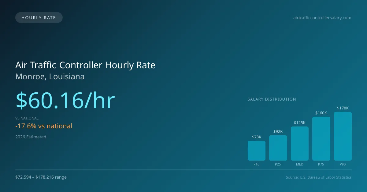 Air Traffic Controller Hourly Rate in Monroe, LA — 2026 est., based on 2025 BLS