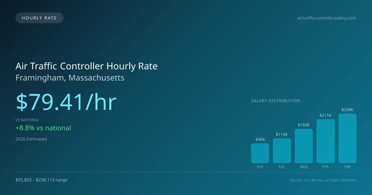 Air Traffic Controller Hourly Rate in Framingham, MA — 2026 est., based on 2025 BLS