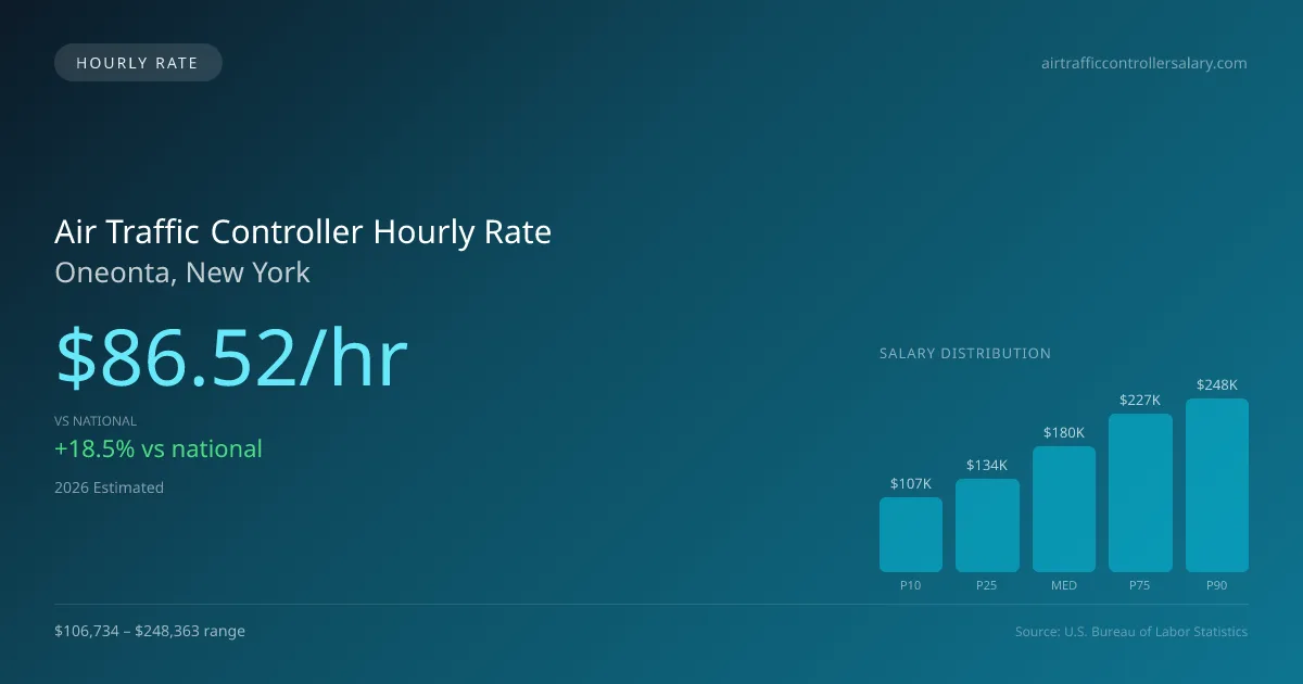 Air Traffic Controller Hourly Rate in Oneonta, NY — 2026 est., based on 2025 BLS