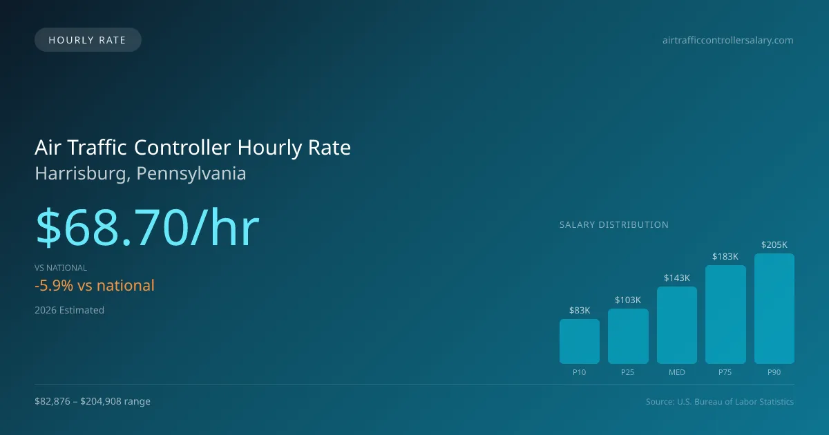 Air Traffic Controller Hourly Rate in Harrisburg, PA — 2026 est., based on 2025 BLS